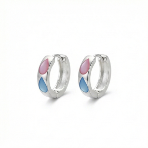 AGOR 925 Sterling Silver Pink and Blue Teardrop Inlay Huggie Hoop Earrings for Women Rhodium Plated Jewellery