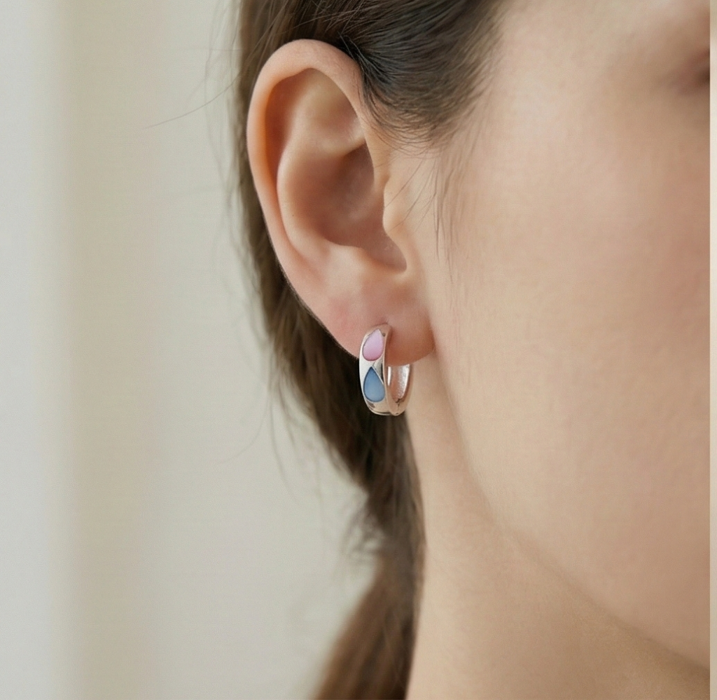 AGOR 925 Sterling Silver Pink and Blue Teardrop Inlay Huggie Hoop Earrings for Women Rhodium Plated Jewellery