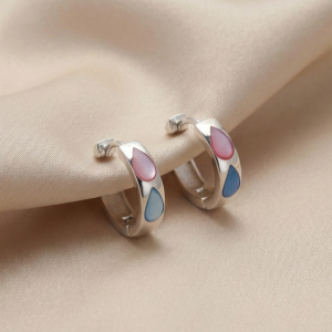 925 Sterling Silver Pink and Blue Teardrop Inlay Huggie Hoop Earrings for Women Rhodium Plated Jewellery