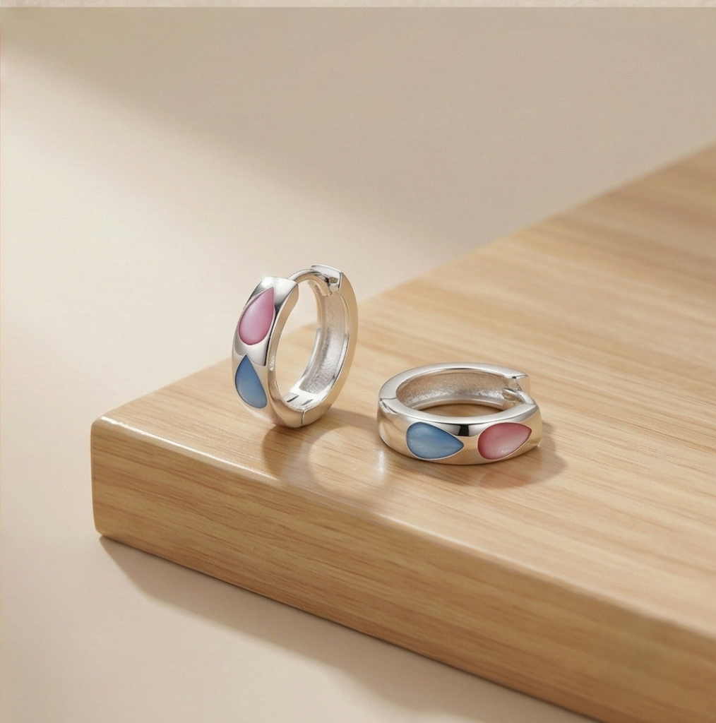 AGOR 925 Sterling Silver Pink and Blue Teardrop Inlay Huggie Hoop Earrings for Women Rhodium Plated Jewellery