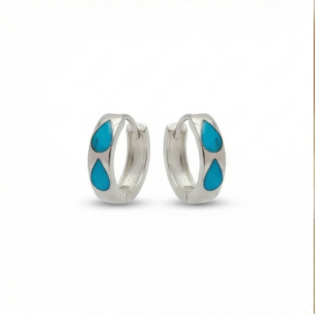 AGOR 925 Sterling Silver Turquoise Blue Teardrop Inlay Huggie Hoop Earrings for Women Rhodium Plated Jewellery