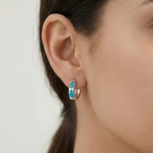 AGOR 925 Sterling Silver Turquoise Blue Teardrop Inlay Huggie Hoop Earrings for Women Rhodium Plated Jewellery