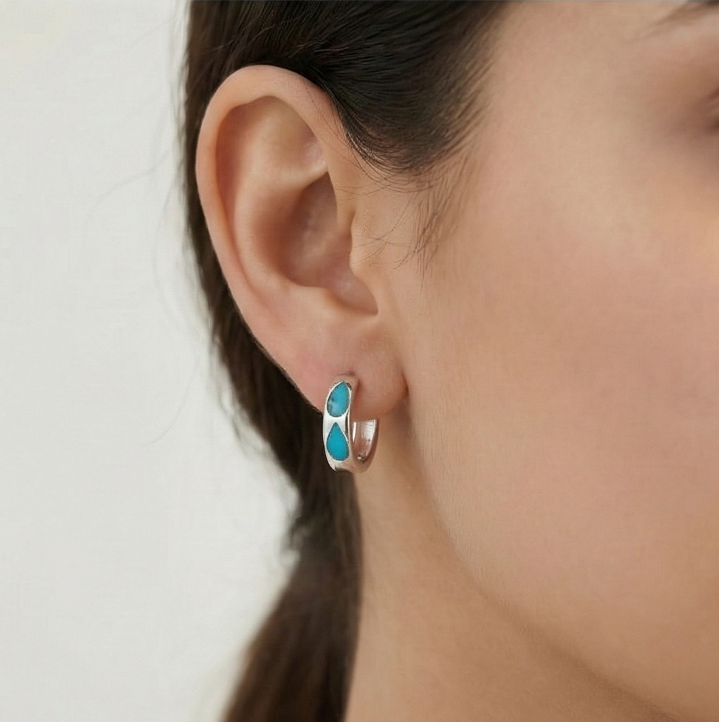 925 Sterling Silver Turquoise Blue Teardrop Inlay Huggie Hoop Earrings for Women Rhodium Plated Jewellery