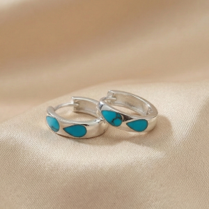 925 Sterling Silver Turquoise Blue Teardrop Inlay Huggie Hoop Earrings for Women Rhodium Plated Jewellery