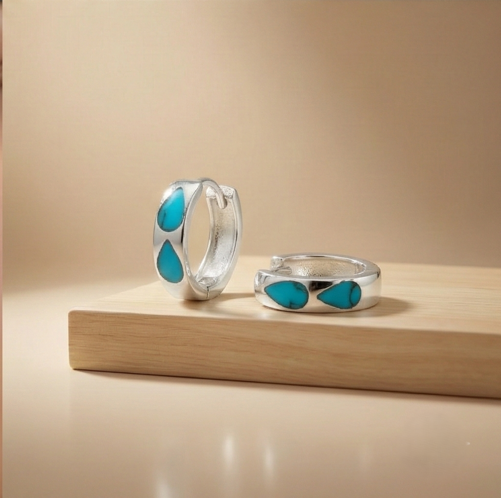 AGOR 925 Sterling Silver Turquoise Blue Teardrop Inlay Huggie Hoop Earrings for Women Rhodium Plated Jewellery