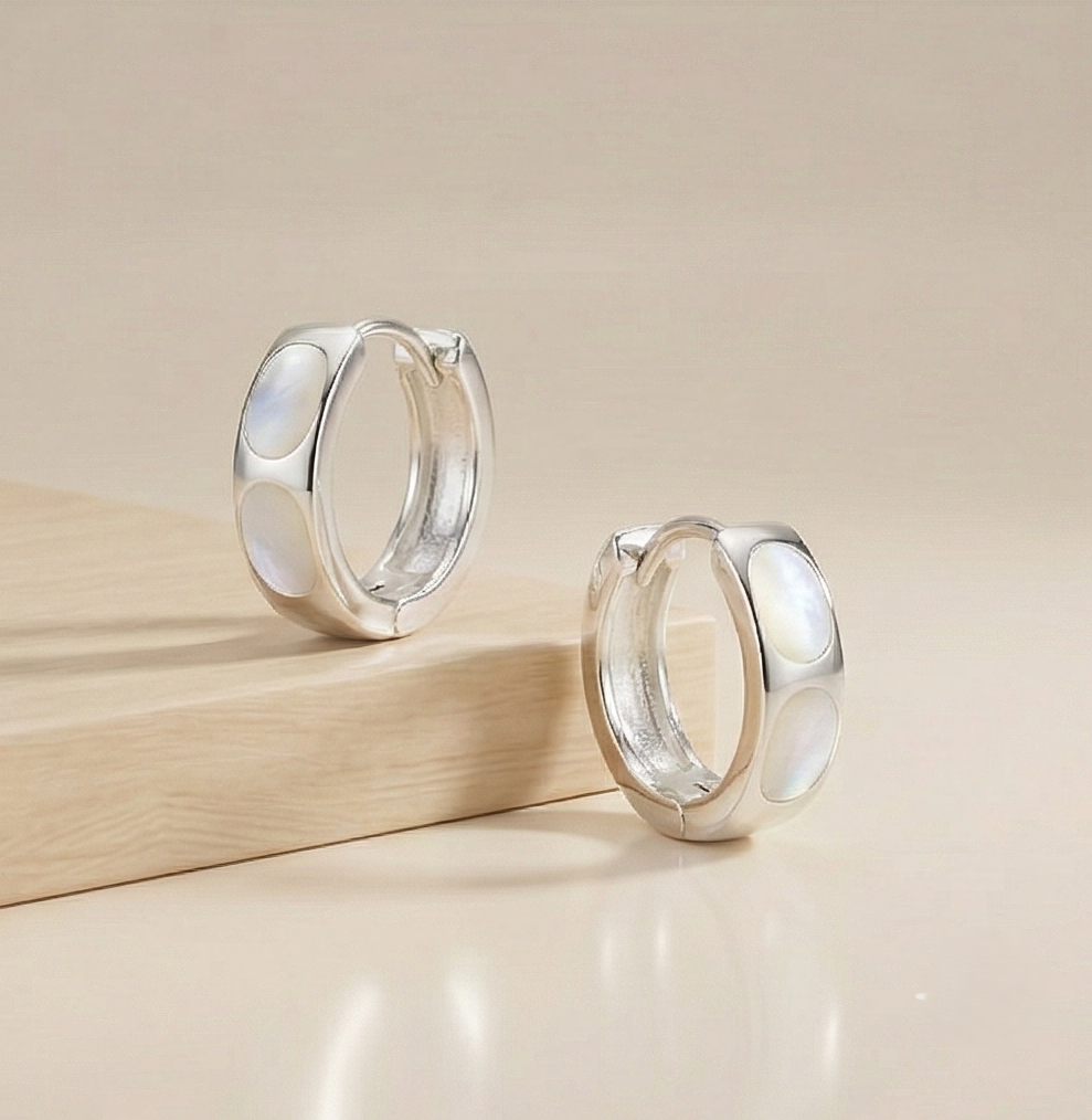 925 Sterling Silver White Mother of Pearl Oval Inlay Hoop Earrings Jewellery for Women