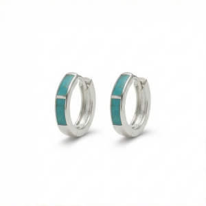 AGOR 925 Sterling Silver Turquoise Green Inlay Huggie Hoop Earrings for Women Rhodium Plated Minimalist Jewellery