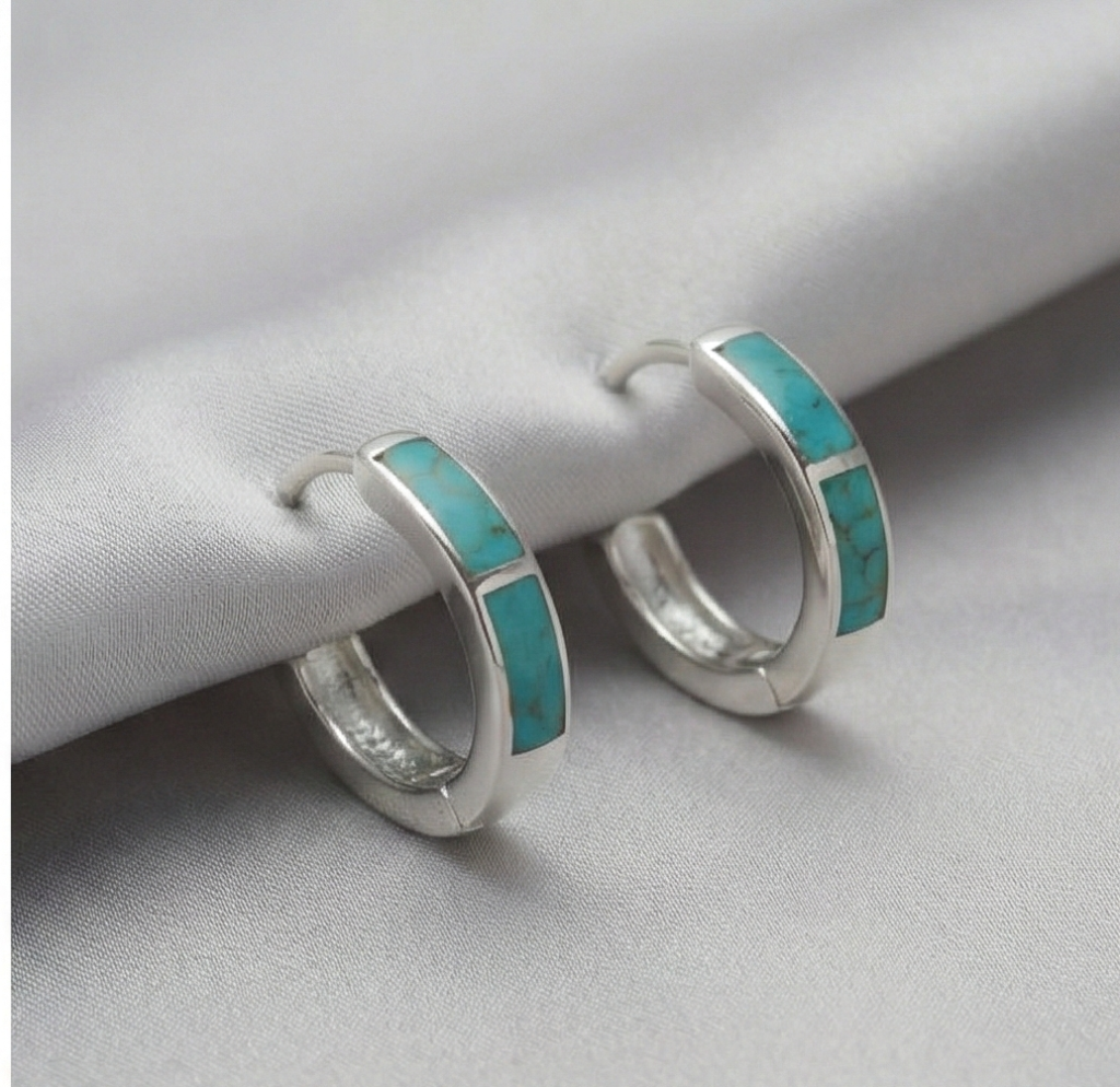 AGOR 925 Sterling Silver Turquoise Green Inlay Huggie Hoop Earrings for Women Rhodium Plated Minimalist Jewellery