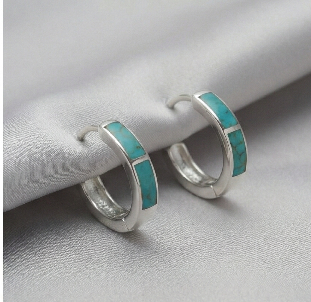 925 Sterling Silver Turquoise Green Inlay Huggie Hoop Earrings for Women Rhodium Plated Minimalist Jewellery