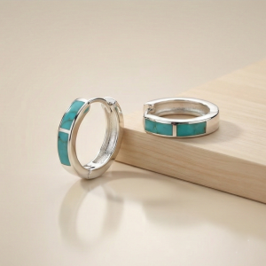 925 Sterling Silver Turquoise Green Inlay Huggie Hoop Earrings for Women Rhodium Plated Minimalist Jewellery