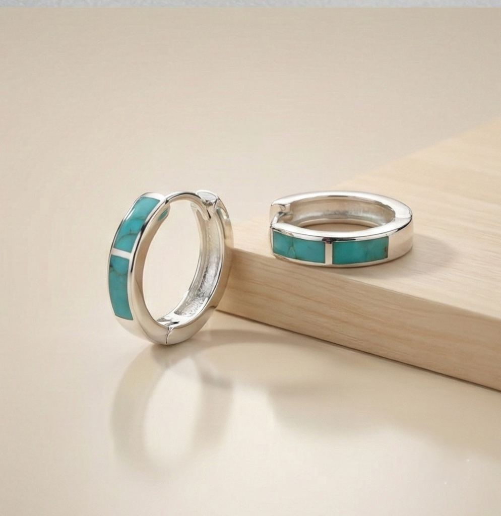 AGOR 925 Sterling Silver Turquoise Green Inlay Huggie Hoop Earrings for Women Rhodium Plated Minimalist Jewellery