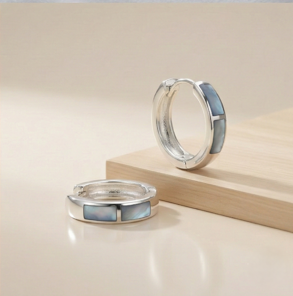 AGOR 925 Sterling Silver Grey Rectangular Inlay Hoop Earrings Jewellery for Women