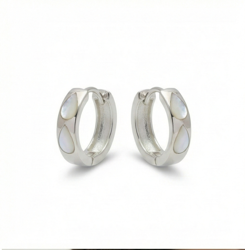 AGOR 925 Sterling Silver White Pearlescent Teardrop Huggie Hoop Earrings for Women Rhodium Plated Jewellery
