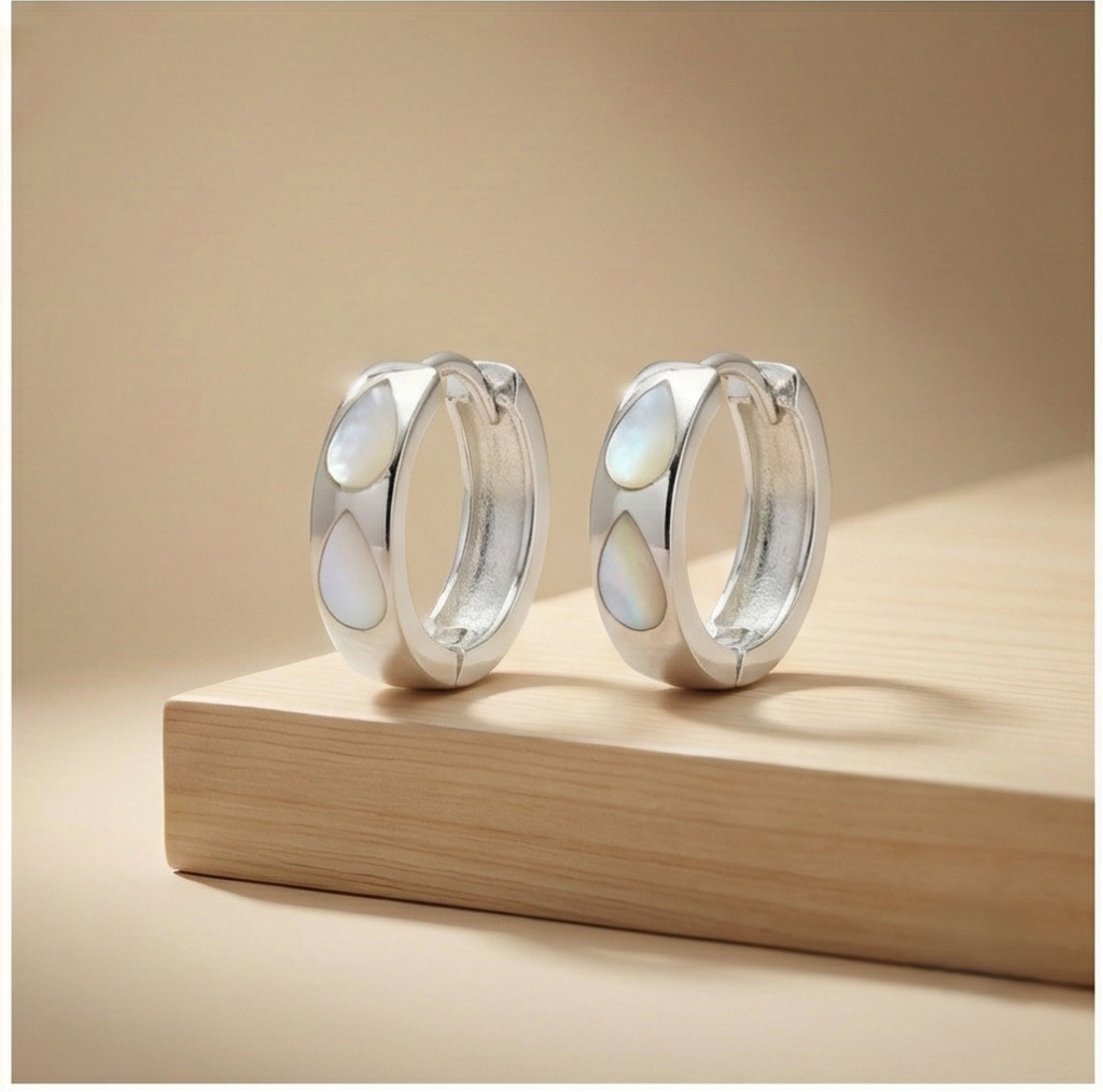 AGOR 925 Sterling Silver White Pearlescent Teardrop Huggie Hoop Earrings for Women Rhodium Plated Jewellery
