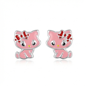 AGOR 925 Sterling Silver Pink Enamel Cat Stud Earrings Jewellery for Kids
