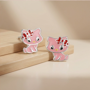 925 Sterling Silver Pink Enamel Cat Stud Earrings Jewellery for Kids