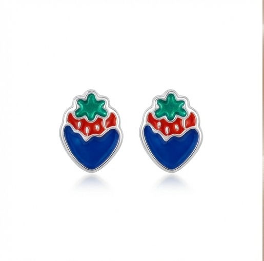 925 Sterling Silver Blue and Red Enamel Strawberry Stud Earrings Jewellery