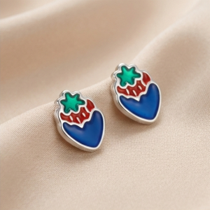 AGOR 925 Sterling Silver Blue and Red Enamel Strawberry Stud Earrings Jewellery