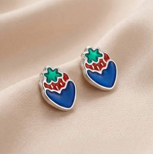 925 Sterling Silver Blue and Red Enamel Strawberry Stud Earrings Jewellery
