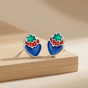 925 Sterling Silver Blue and Red Enamel Strawberry Stud Earrings Jewellery