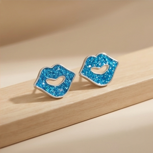 AGOR 925 Sterling Silver Blue Glitter Lips Stud Earrings Jewellery for Women and Girls