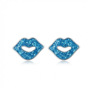 AGOR 925 Sterling Silver Blue Glitter Lips Stud Earrings Jewellery for Women and Girls