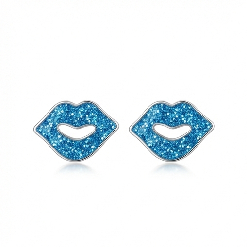 925 Sterling Silver Blue Glitter Lips Stud Earrings Jewellery for Women and Girls