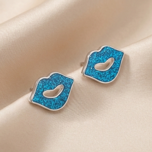 AGOR 925 Sterling Silver Blue Glitter Lips Stud Earrings Jewellery for Women and Girls