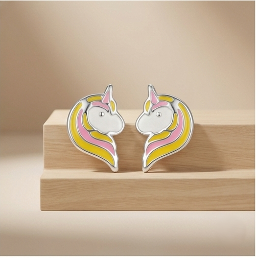 925 Sterling Silver Pastel Enamel Unicorn Head Stud Earrings Jewellery