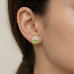AGOR 925 Sterling Silver Green Enamel Panda Bear Stud Earrings Jewellery