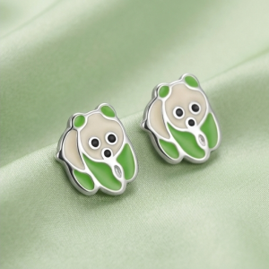 AGOR 925 Sterling Silver Green Enamel Panda Bear Stud Earrings Jewellery
