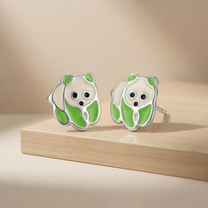 AGOR 925 Sterling Silver Green Enamel Panda Bear Stud Earrings Jewellery