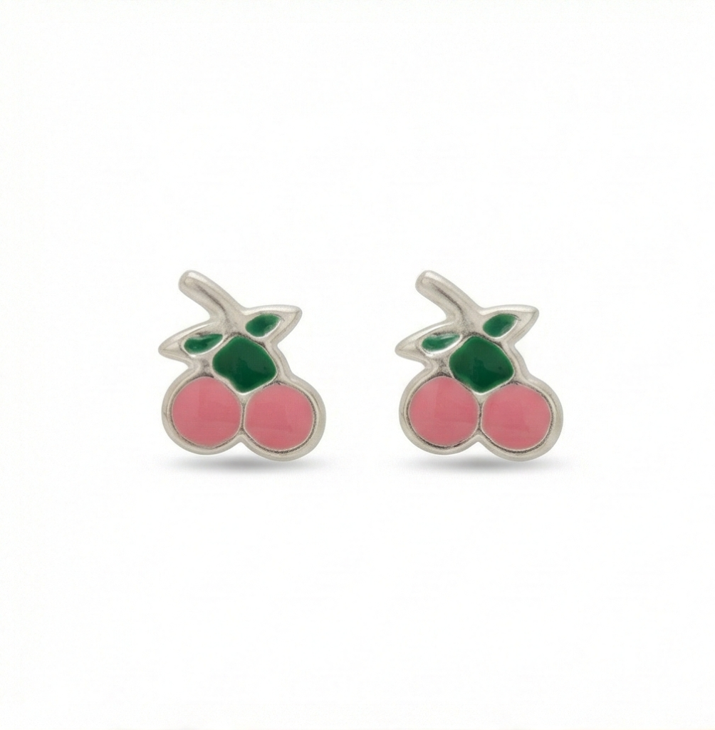 AGOR 925 Sterling Silver Pink Enamel Cherry Fruit Stud Funky Earrings Jewellery