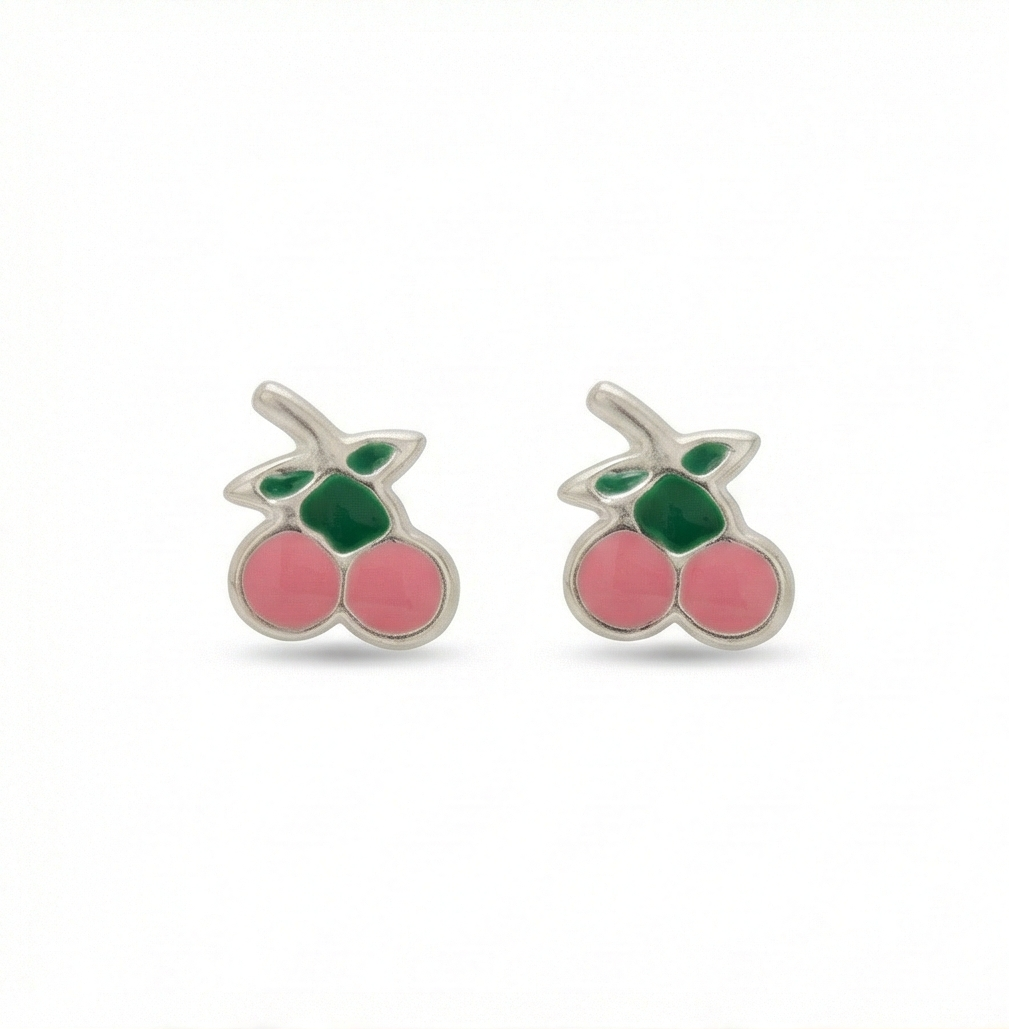 925 Sterling Silver Pink Enamel Cherry Fruit Stud Funky Earrings Jewellery