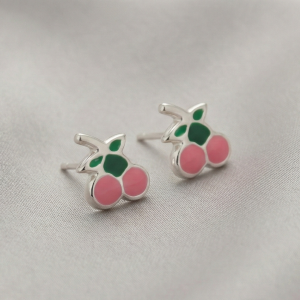 AGOR 925 Sterling Silver Pink Enamel Cherry Fruit Stud Funky Earrings Jewellery