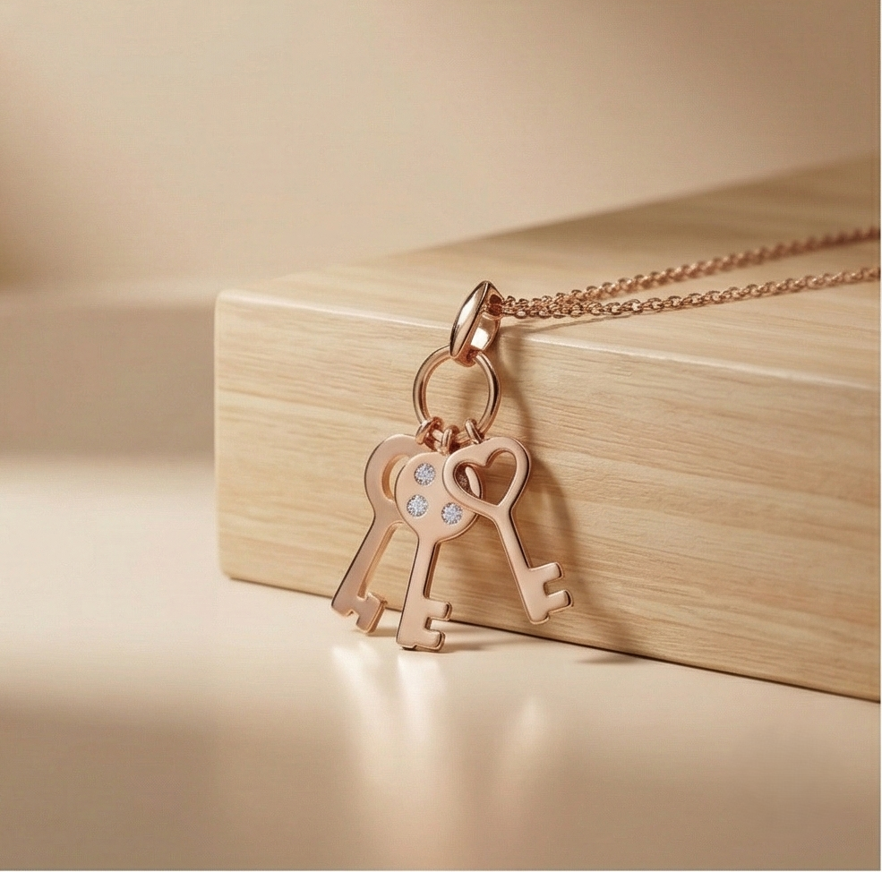 925 Sterling Silver Rose Gold Plated Trio Key Charm Pendant Necklace Jewellery for Women