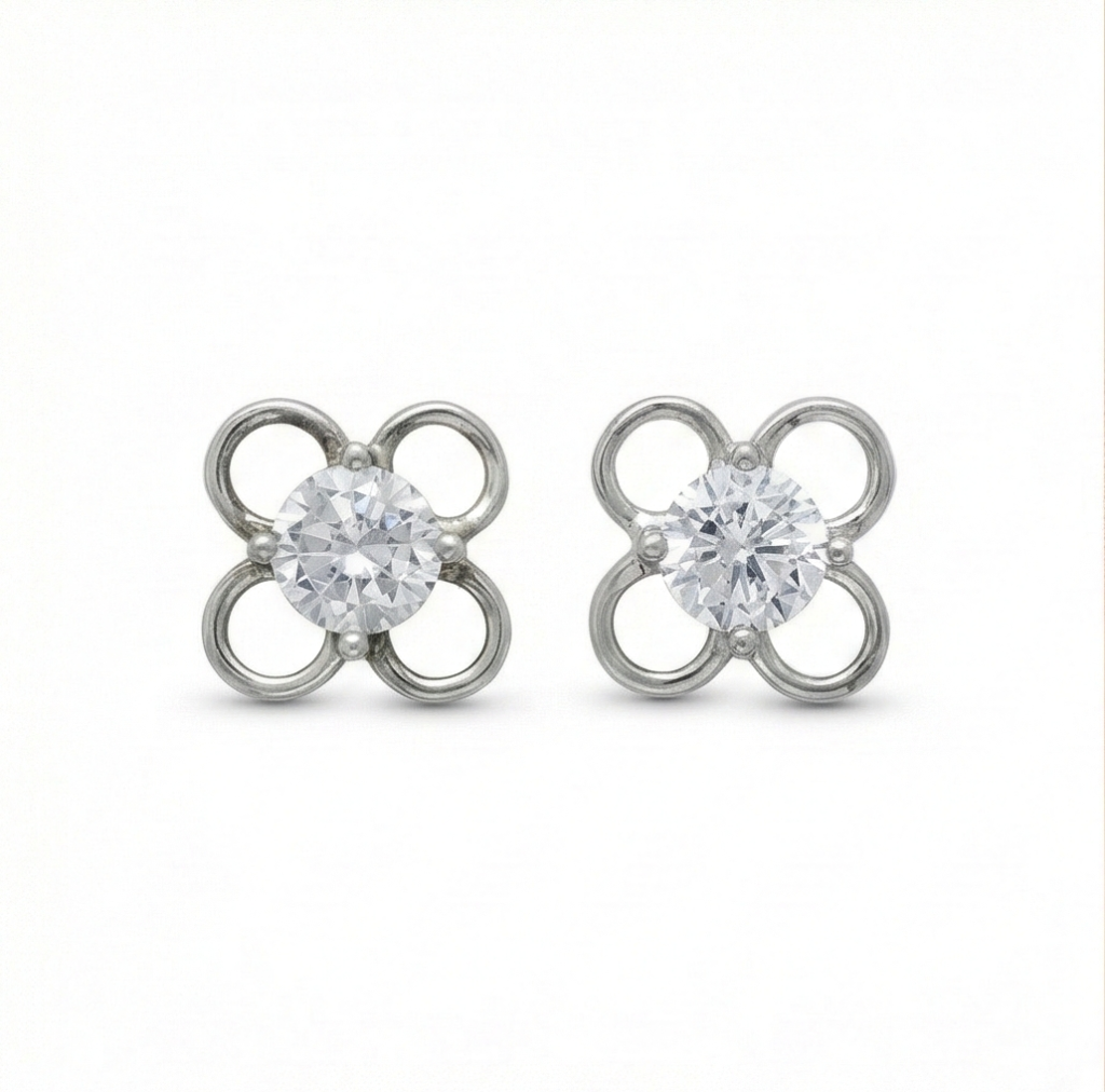 AGOR 925 Sterling Silver Openwork Flower Stud Earrings Solitaire Center Rhodium Finish Jewellery