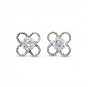 AGOR 925 Sterling Silver Openwork Flower Stud Earrings Solitaire Center Rhodium Finish Jewellery
