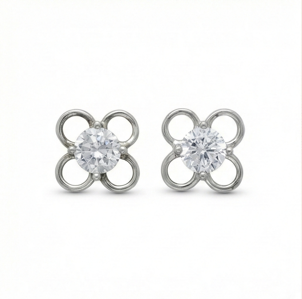 925 Sterling Silver Openwork Flower Stud Earrings Solitaire Center Rhodium Finish Jewellery