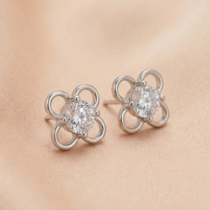 AGOR 925 Sterling Silver Openwork Flower Stud Earrings Solitaire Center Rhodium Finish Jewellery