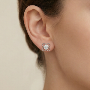 AGOR 925 Sterling Silver Openwork Flower Stud Earrings Solitaire Center Rhodium Finish Jewellery
