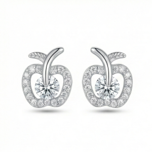 AGOR 925 Sterling Silver Apple Shaped Stud Earrings Solitaire Center Rhodium Finish Jewellery