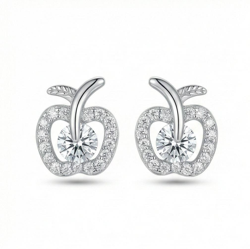 925 Sterling Silver Apple Shaped Stud Earrings Solitaire Center Rhodium Finish Jewellery