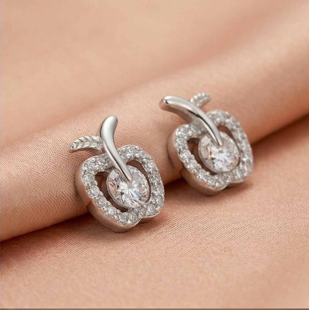 AGOR 925 Sterling Silver Apple Shaped Stud Earrings Solitaire Center Rhodium Finish Jewellery