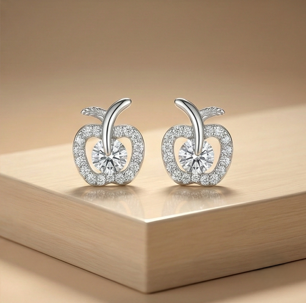 925 Sterling Silver Apple Shaped Stud Earrings Solitaire Center Rhodium Finish Jewellery