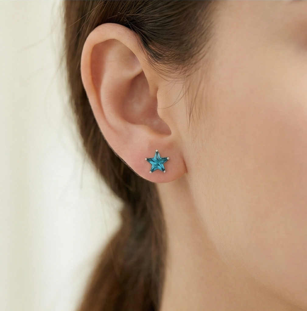 925 Sterling Silver Blue Star Stud Earrings Prong Set Solitaire Rhodium Finish Jewellery
