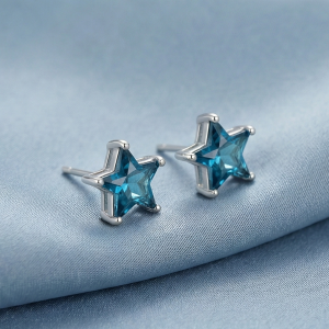 AGOR 925 Sterling Silver Blue Star Stud Earrings Prong Set Solitaire Rhodium Finish Jewellery
