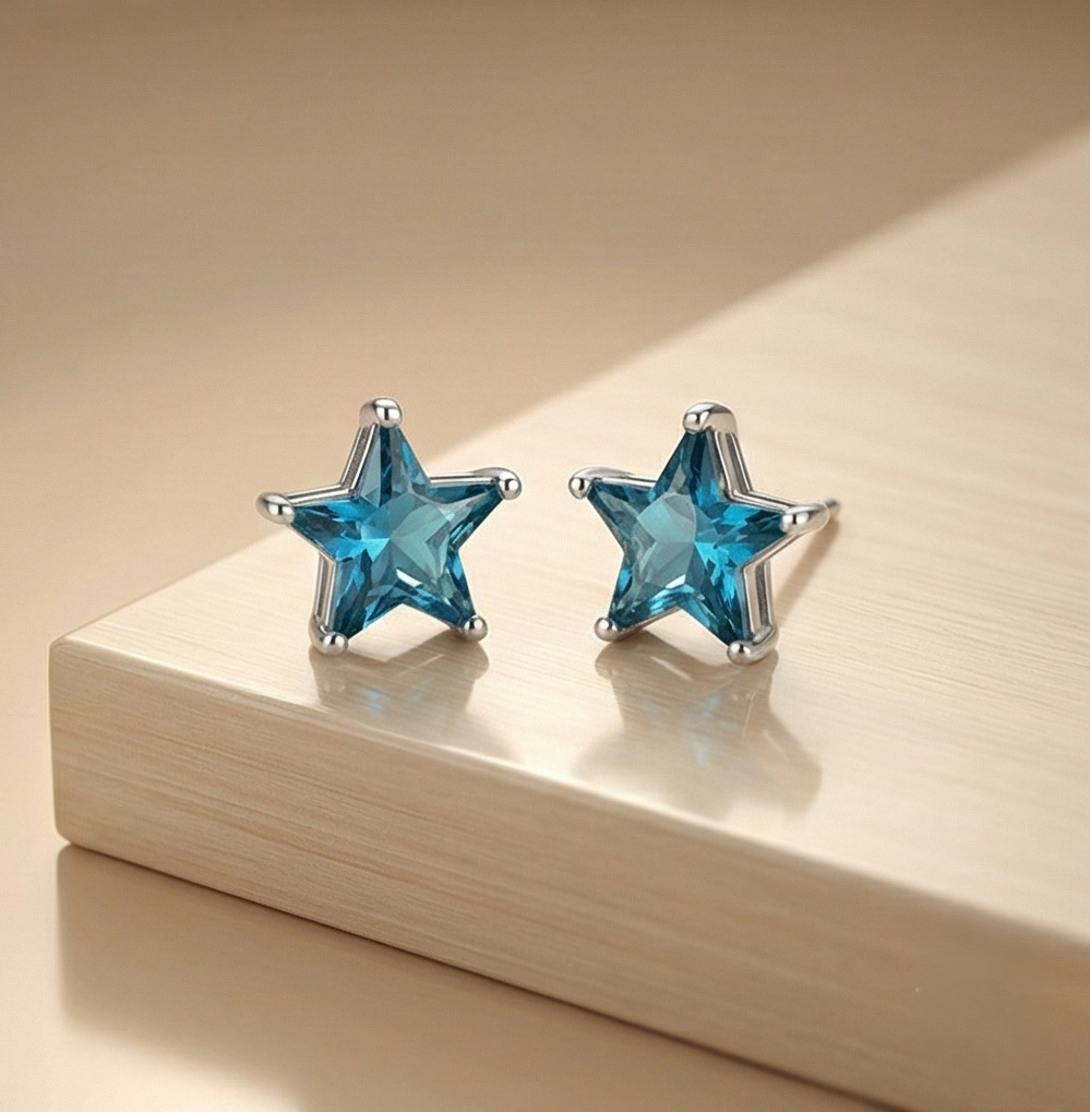 925 Sterling Silver Blue Star Stud Earrings Prong Set Solitaire Rhodium Finish Jewellery