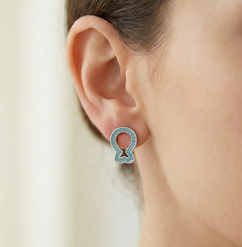 925 Sterling Silver Open Loop Stud Earrings Turquoise Blue Beads Rhodium Finish Jewellery
