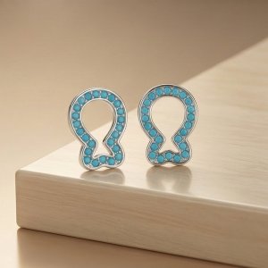 AGOR 925 Sterling Silver Open Loop Stud Earrings Turquoise Blue Beads Rhodium Finish Jewellery